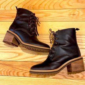 Timberland genuine brown leather winter Perot boots with chunky heels, size 7.5